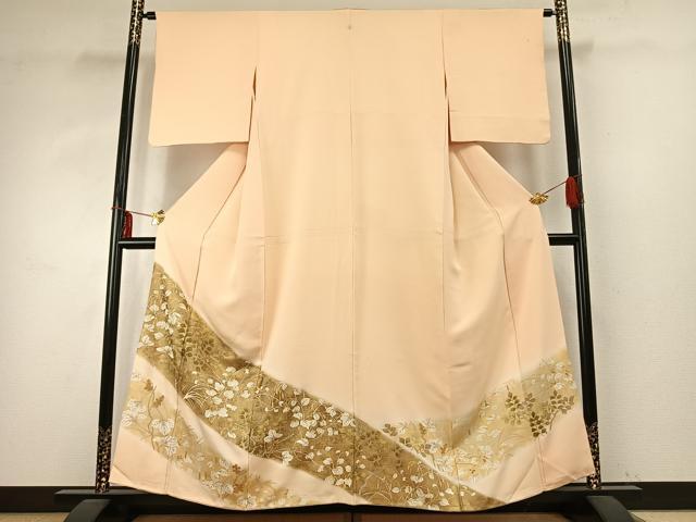 平和屋着物●訪問着 枝葉文 暈し染め 金糸 金彩 正絹 逸品 AABD8535fy