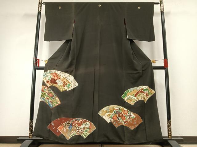 平和屋着物●アンティーク 大正ロマン 黒留袖 地紙花文 金銀彩 正絹 逸品 AABD8537fy