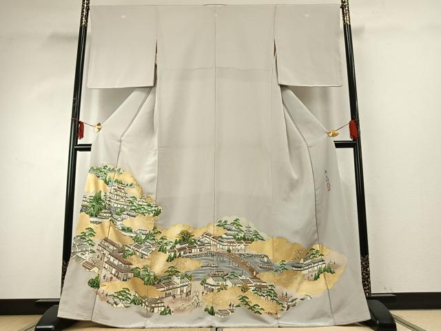 平和屋着物●十七代京屋林蔵 色留袖 駒刺繍 人物風景文 金彩 鬼しぼ縮緬 正絹 逸品 AABD8677fy