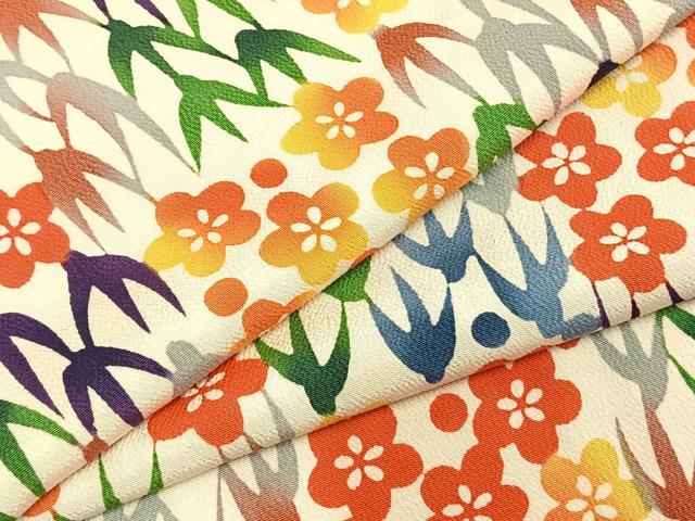 平和屋着物●上質な小紋 型染め 市松花文 鬼しぼ縮緬 正絹 逸品 AABD8698fy