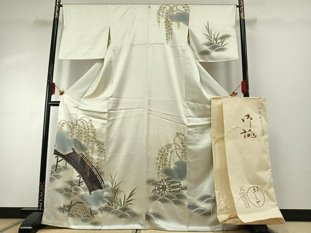 平和屋着物●銀座きしや 訪問着 手描き 駒刺繍 風景文 暈し染め 金糸 金彩 たとう紙付き 正絹 逸品 AABD8724fy