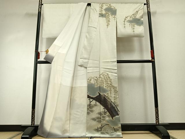 平和屋着物●銀座きしや 訪問着 手描き 駒刺繍 風景文 暈し染め 金糸 金彩 たとう紙付き 正絹 逸品 AABD8724fy