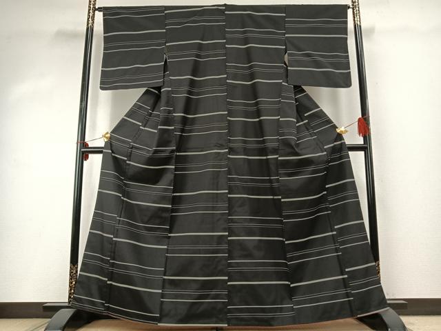 平和屋着物●上質な紬 横段文 黒地 正絹 逸品 AABD8730fy