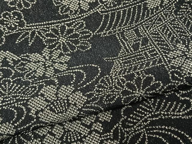 平和屋着物●上質な小紋 風景花文 黒地 鬼しぼ縮緬 正絹 逸品 AABD8739fy