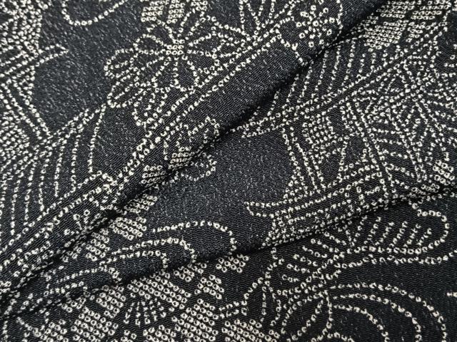 平和屋着物●上質な小紋 風景花文 黒地 鬼しぼ縮緬 正絹 逸品 AABD8739fy
