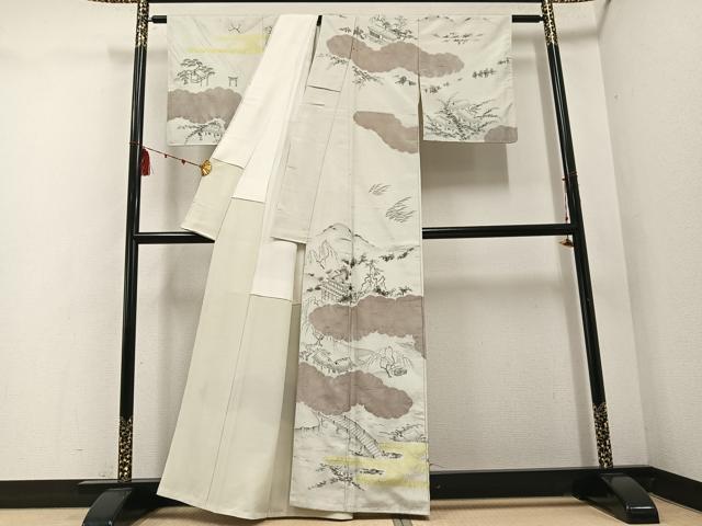 平和屋着物●訪問着 紬地 手描き 絞り 渡り橋風景文 正絹 逸品 AABD8880ph