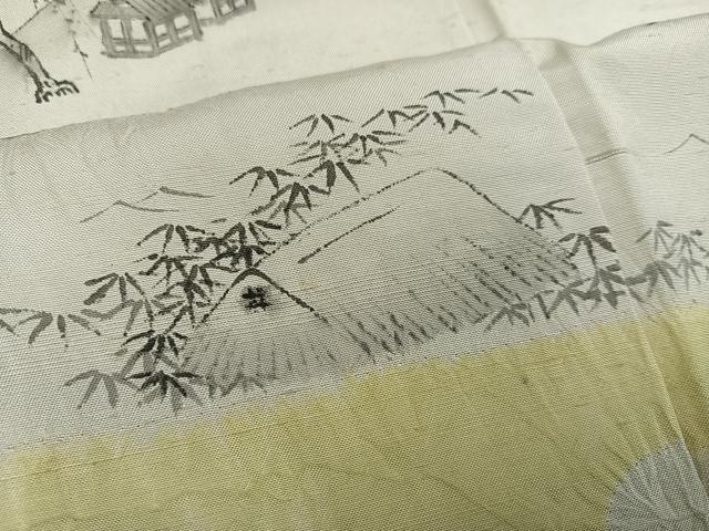 平和屋着物●訪問着 紬地 手描き 絞り 渡り橋風景文 正絹 逸品 AABD8880ph