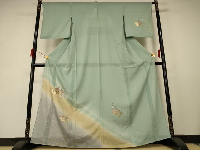 平和屋着物*夏物 紬 絽 刺繍 地紙草花文 暈し染め 金銀彩 正絹 逸品 AABD8957jd