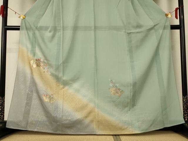 平和屋着物*夏物 紬 絽 刺繍 地紙草花文 暈し染め 金銀彩 正絹 逸品 AABD8957jd