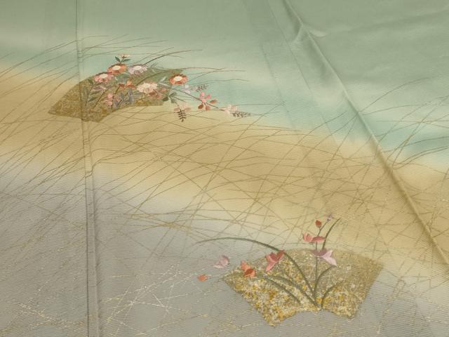 平和屋着物*夏物 紬 絽 刺繍 地紙草花文 暈し染め 金銀彩 正絹 逸品 AABD8957jd