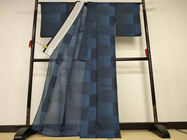 平和屋着物*夏物 小紋 紗 変わり市松文様 洗える着物 AABD8974jd