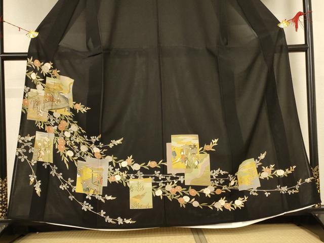 平和屋着物*夏物 黒留袖 絽 色紙人物花文 金彩 正絹 逸品 AABD8983jd