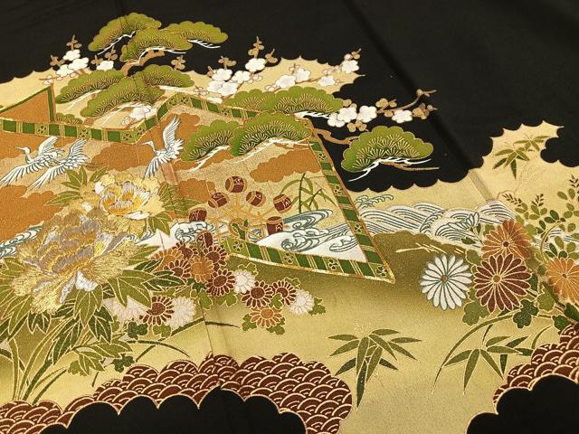 平和屋着物■豪華黒留袖 駒刺繍 屏風松竹梅文 金銀糸 金彩 正絹 逸品 AABD9125oa