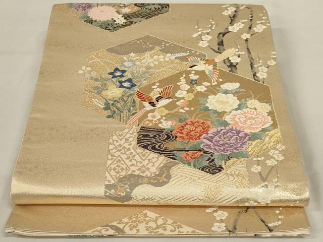 平和屋着物◎六通柄袋帯 唐織 亀甲花鳥文 金糸 正絹 逸品 AABD9293ou
