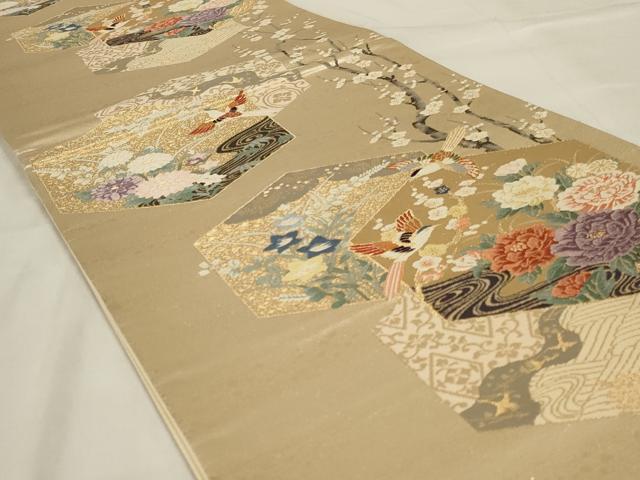 平和屋着物◎六通柄袋帯 唐織 亀甲花鳥文 金糸 正絹 逸品 AABD9293ou