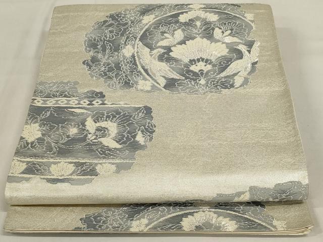 平和屋着物◎六通柄袋帯 更紗花丸文 銀糸 正絹 逸品 AABD9296ou