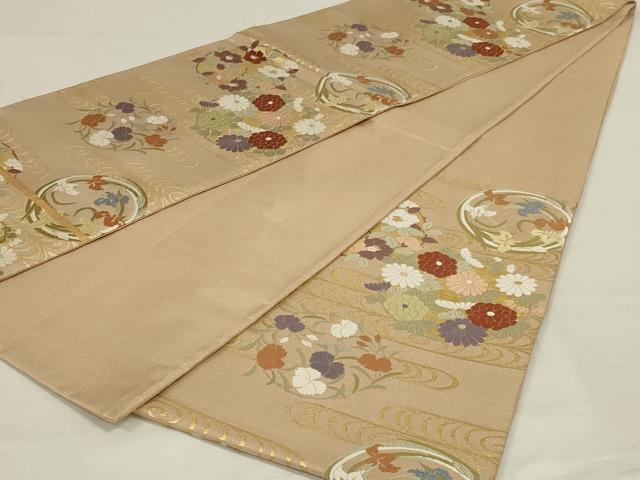 平和屋着物◎綴れ 六通柄袋帯 唐織 流水花丸文 金糸 正絹 逸品 AABD9300ou