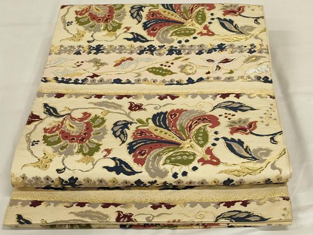 平和屋着物◎六通柄 本袋帯 横段更紗花文 金銀糸 正絹 逸品 AABD9303ou