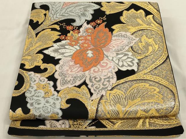 平和屋着物◎六通柄袋帯 更紗花文 黒地 金銀糸 正絹 逸品 AABD9305ou