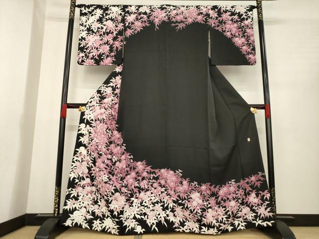 平和屋着物○訪問着 友禅 作家物 草花文 黒地 正絹 逸品 AABD9330ck