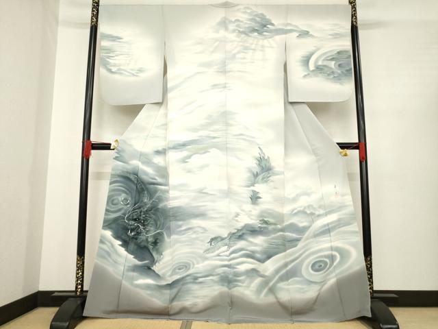 平和屋着物●染色作家 安達華生 訪問着 手描き 龍 銀彩 正絹 逸品 AABD9357ck