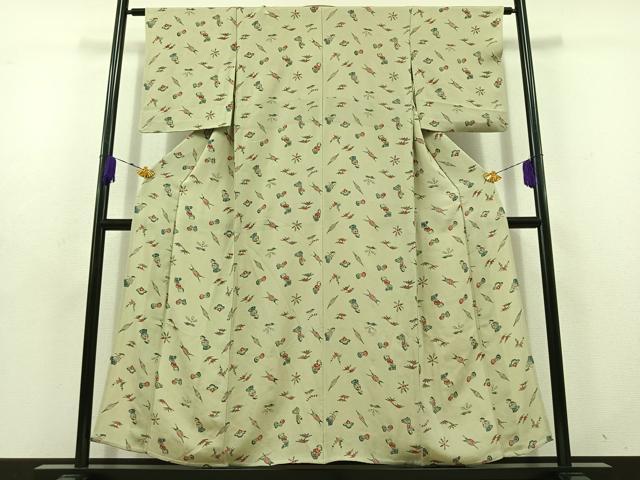 平和屋着物▽上質な小紋 単衣 型染め 人物文 鬼しぼ縮緬 正絹 逸品 AABD9426jh