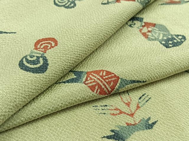 平和屋着物▽上質な小紋 単衣 型染め 人物文 鬼しぼ縮緬 正絹 逸品 AABD9426jh
