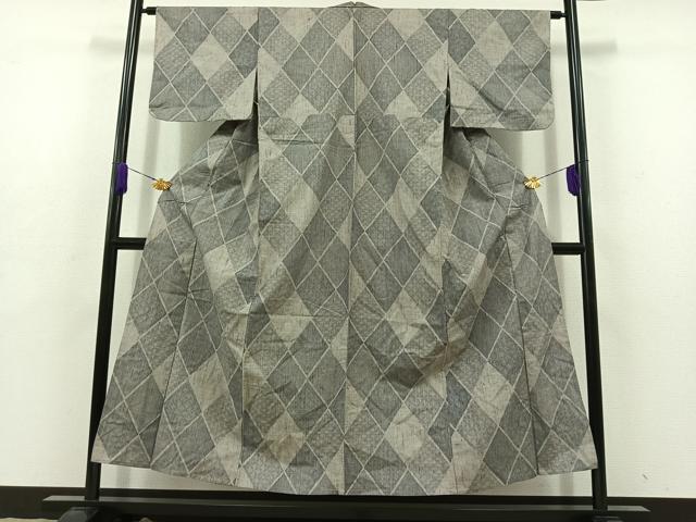 平和屋着物▽上質な紬 単衣 菱文 正絹 逸品 AABD9435jh