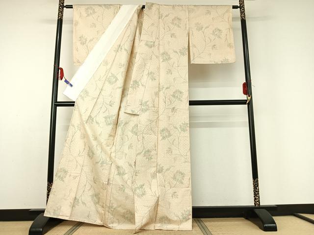 平和屋着物▽上質な紬 単衣 草花文 正絹 逸品 AABD9445jh