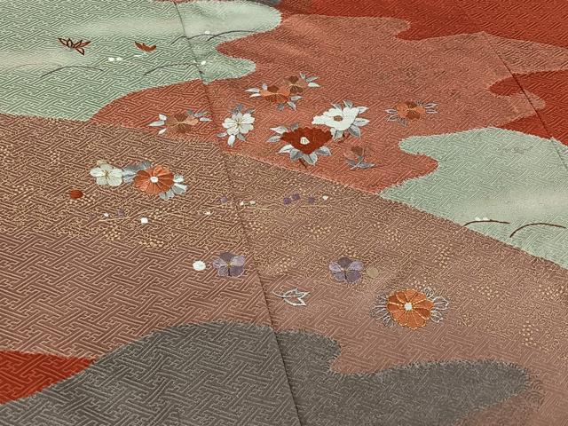 平和屋着物▽訪問着 単衣 駒刺繍 草花文 金彩 正絹 逸品 AABD9449jh
