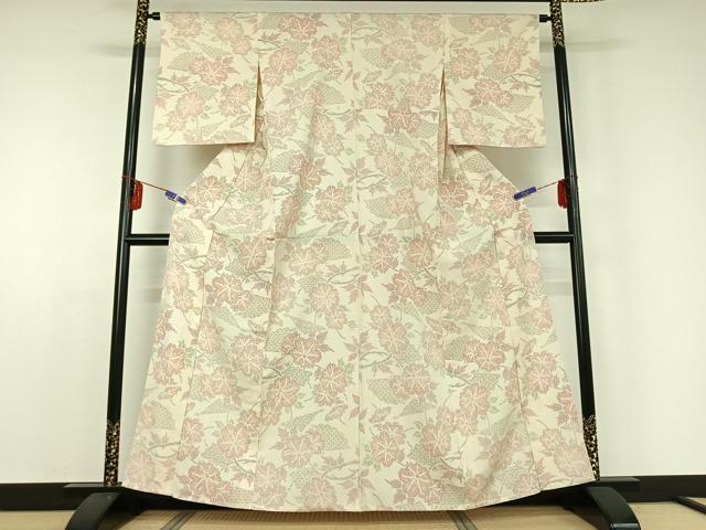 平和屋着物▽本塩沢 単衣 草花文 正絹 逸品 AABD9462jh