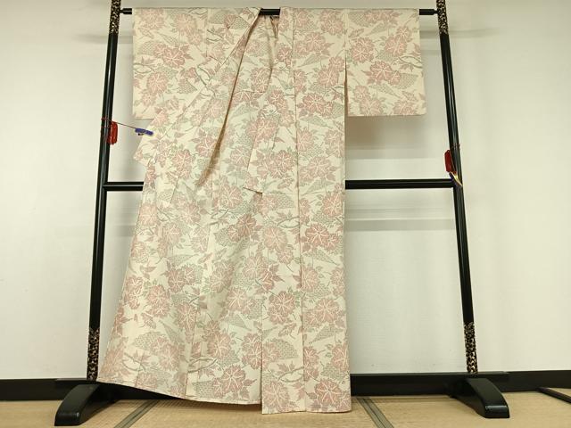 平和屋着物▽本塩沢 単衣 草花文 正絹 逸品 AABD9462jh