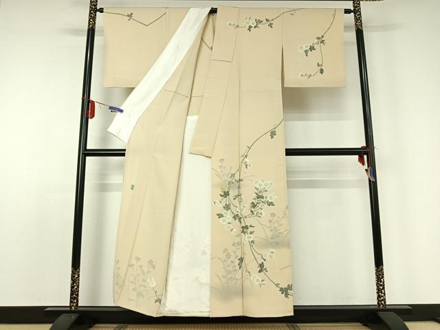 平和屋着物▽京加賀糸目友禅作家 山崎巌 訪問着 単衣 手描き 草花文 正絹 逸品 AABD9466jh