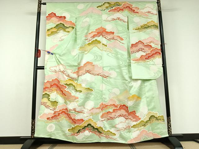 平和屋着物▽豪華振袖 単衣 駒刺繍 立波松文 金彩 正絹 逸品 AABD9480jh