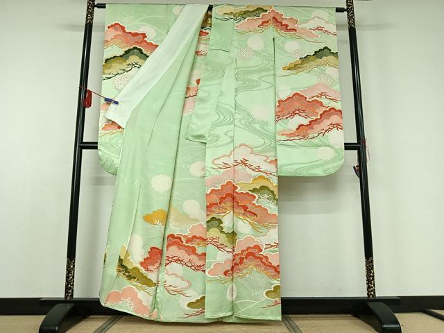 平和屋着物▽豪華振袖 単衣 駒刺繍 立波松文 金彩 正絹 逸品 AABD9480jh