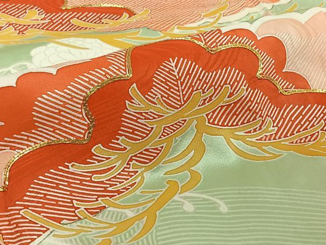 平和屋着物▽豪華振袖 単衣 駒刺繍 立波松文 金彩 正絹 逸品 AABD9480jh