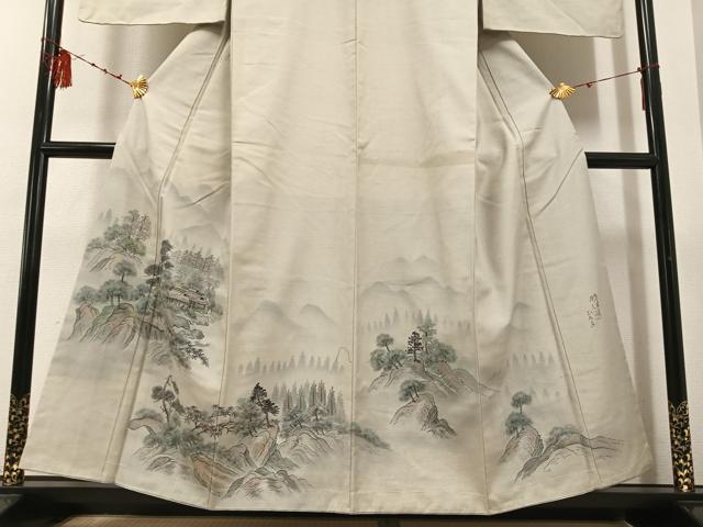 平和屋着物●内山晴祥 手描き 訪問着 紬地 風景樹林文 暈し染め 金彩 正絹 逸品 未使用 AABD9815ph