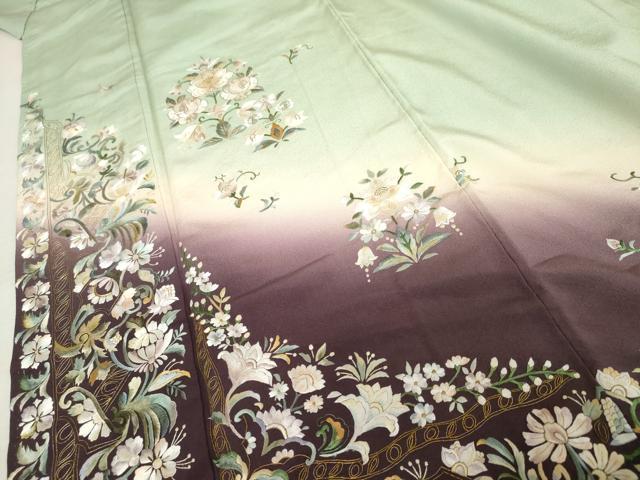 平和屋着物●訪問着 総刺繍 更紗花文 暈し染め 金糸 正絹 逸品 AABE0016cs