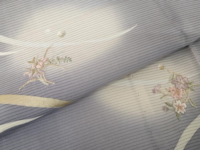 平和屋着物*夏物 訪問着 刺繍 草花文 暈し染め 金糸 金彩 正絹 逸品 AABE0038cs
