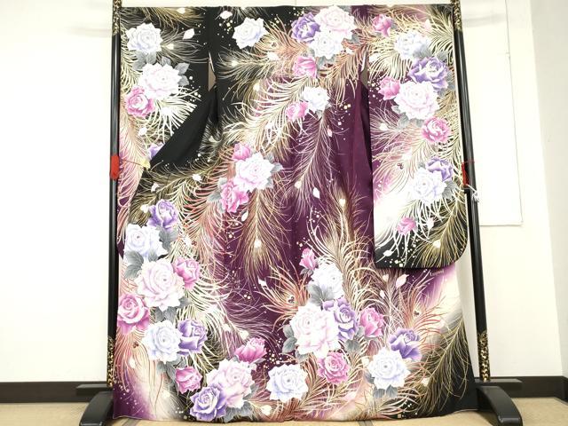平和屋着物●豪華振袖 Luxjewel 刺繍 孔雀羽草花文 薔薇 暈し染め 金銀彩 金糸 正絹 逸品 AABE0083cs