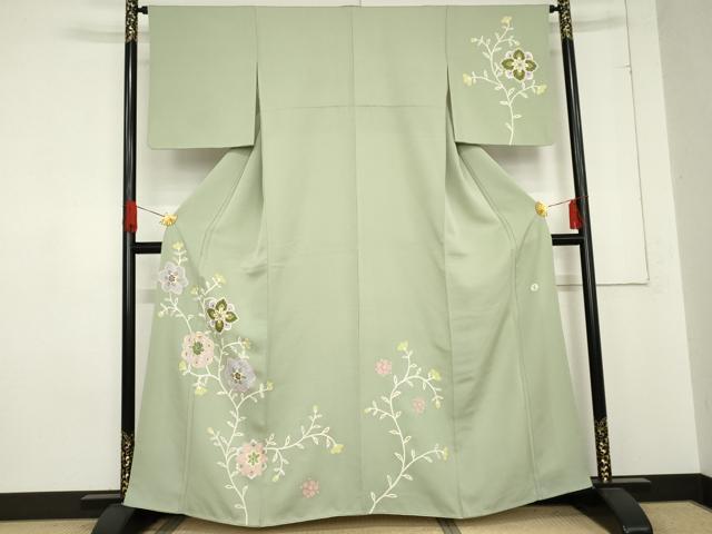 平和屋着物●京友禅作家 米沢新之助 訪問着 駒刺繍 枝花文 金彩 正絹 逸品 AABE0092cs
