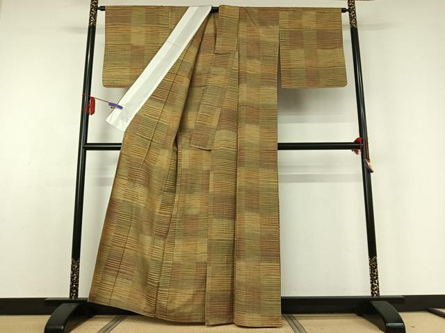 平和屋着物▽上質な紬 単衣 横段文 正絹 逸品 AABE0211jh