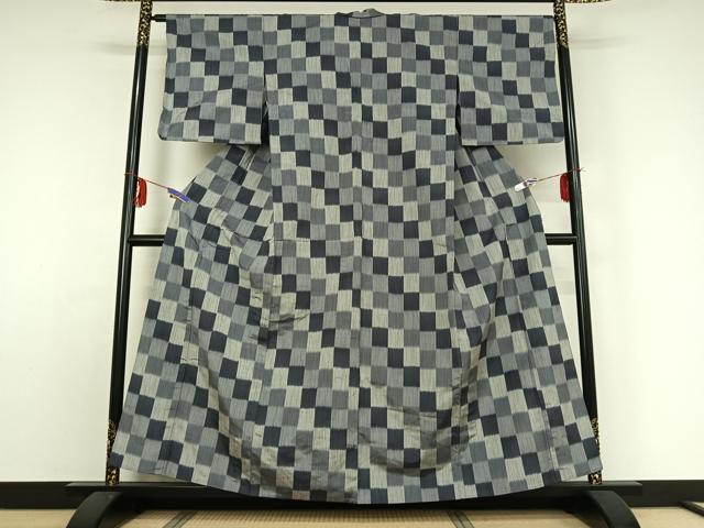 平和屋着物▽上質な紬 単衣 市松文様 正絹 逸品 AABE0239jh