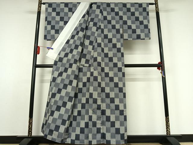 平和屋着物▽上質な紬 単衣 市松文様 正絹 逸品 AABE0239jh