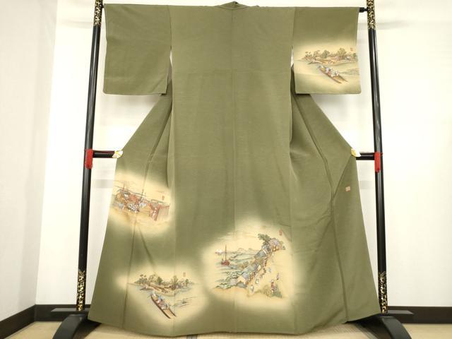 平和屋着物●摺友禅 横塚賢治 訪問着 刺繍 名所風景文 暈し染め さが美扱い 正絹 逸品 AABE0245ck