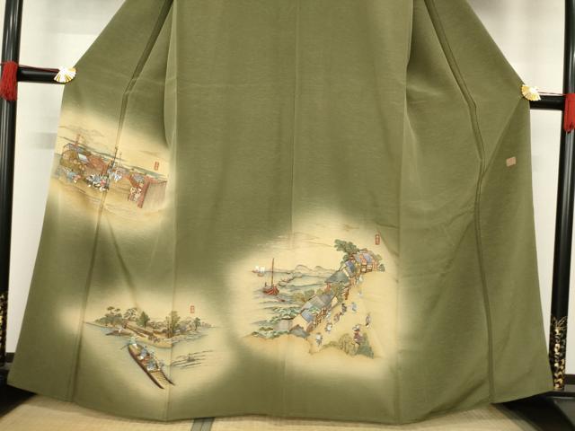 平和屋着物●摺友禅 横塚賢治 訪問着 刺繍 名所風景文 暈し染め さが美扱い 正絹 逸品 AABE0245ck
