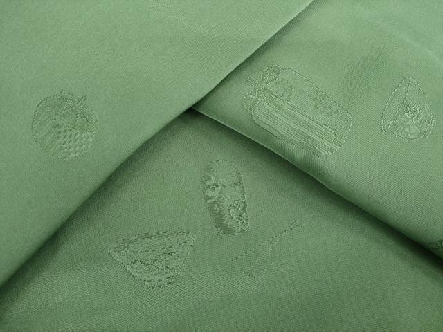 平和屋着物●上質な色無地 仕覆 器物文 老竹色 正絹 逸品 AABE0277ck