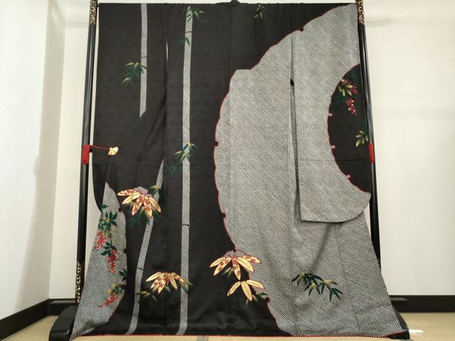 平和屋着物○豪華振袖 絞り 雪輪笹竹文 黒地 金彩 正絹 逸品 AABE0279ck