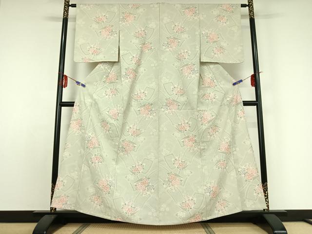 平和屋着物▽本塩沢 単衣 草花文 正絹 逸品 AABE0681jh