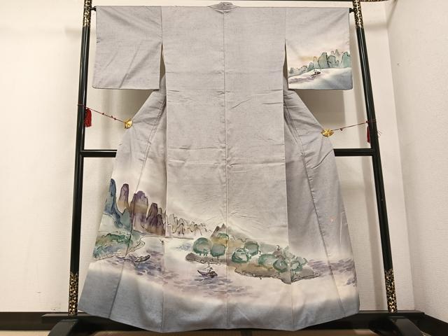 平和屋着物●訪問着 作家物 紬地 手描き 人物風景文 暈し染め 金銀彩 正絹 逸品 AABE0746ph